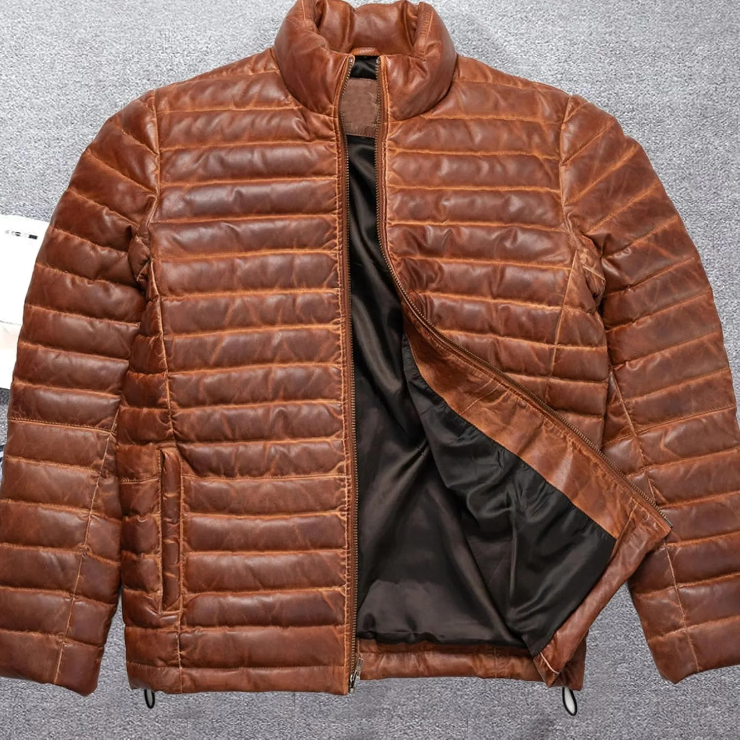 Men's Puffer Down Leather Bubble Jacket Distressed Brown