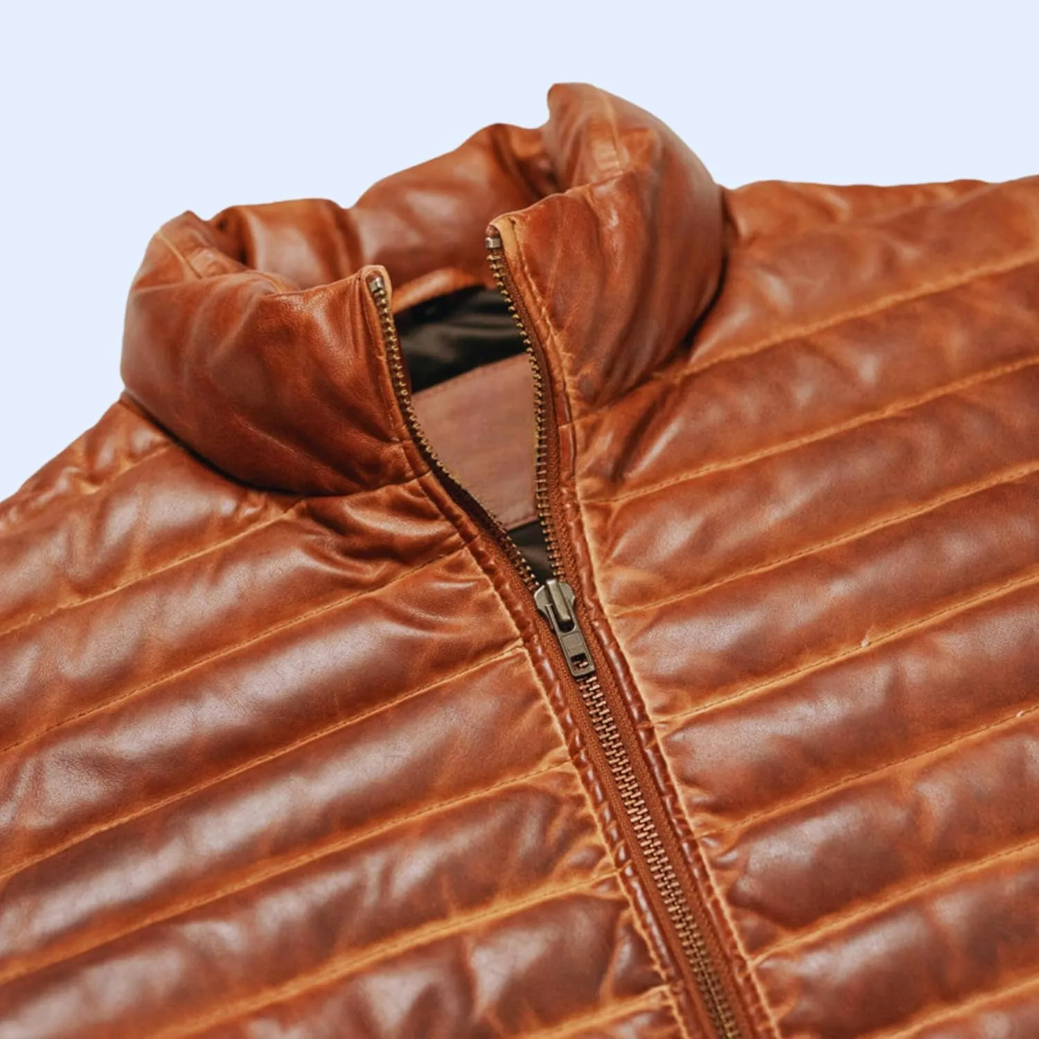 Men's Puffer Down Leather Bubble Jacket Distressed Brown