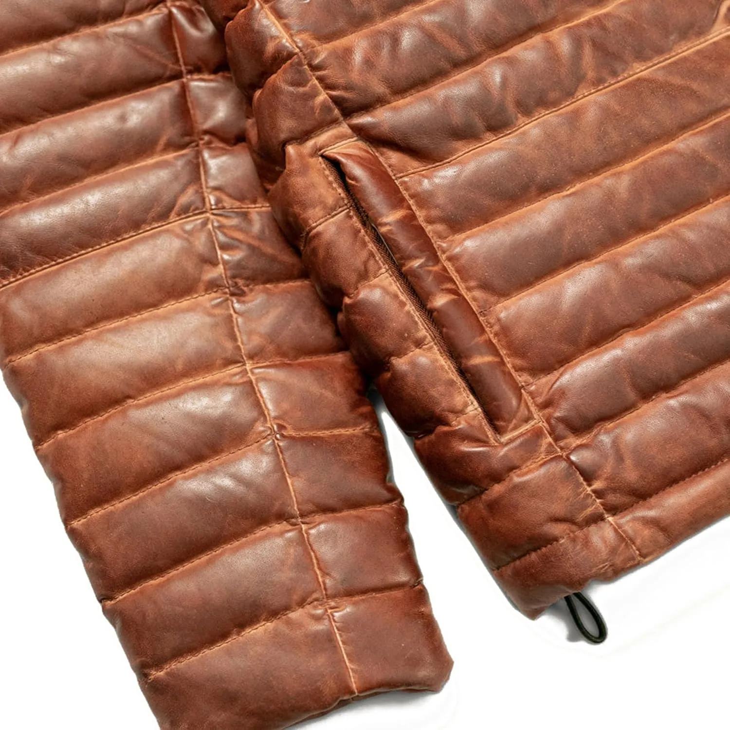 Men's Puffer Down Leather Bubble Jacket Distressed Brown