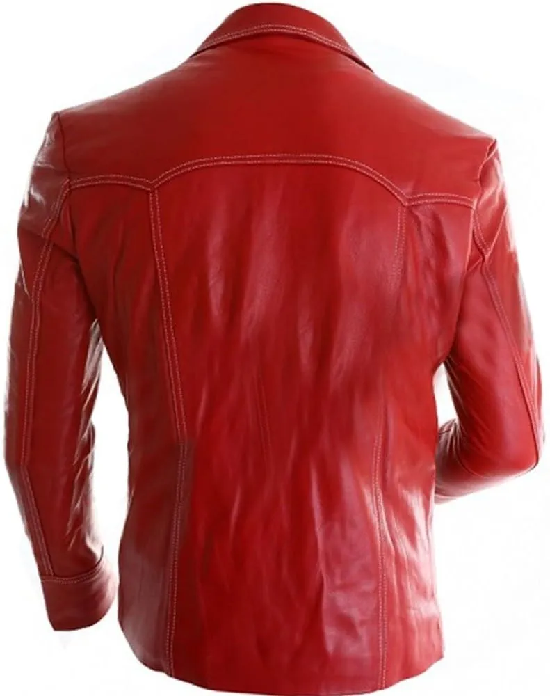 Men's Red Synthetic Leather Motorcycle Jacket  Retro Biker Jacket with White Racing Stripes