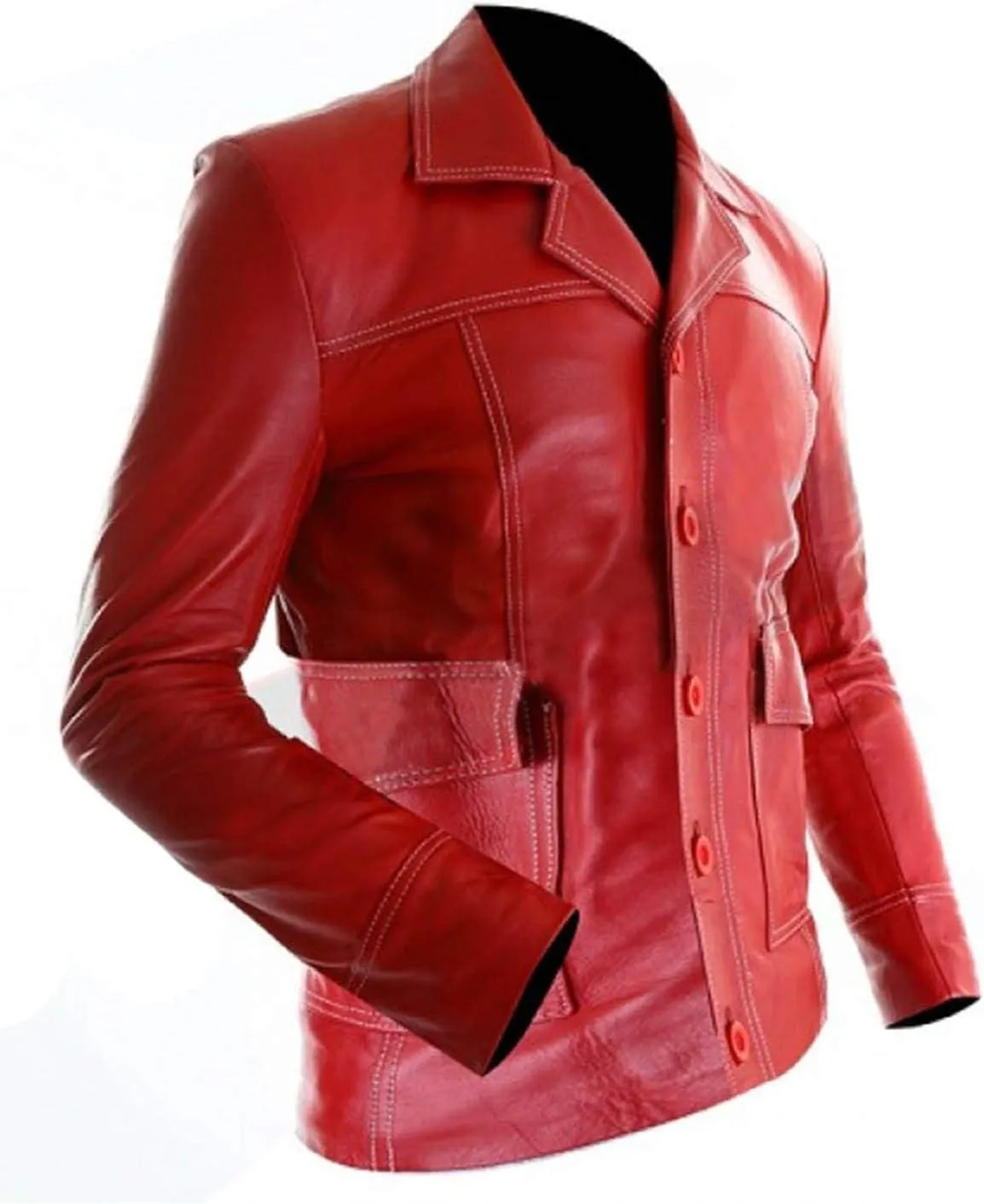 Men's Red Synthetic Leather Motorcycle Jacket  Retro Biker Jacket with White Racing Stripes