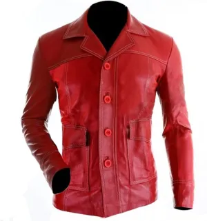 Men's Red Synthetic Leather Motorcycle Jacket  Retro Biker Jacket with White Racing Stripes