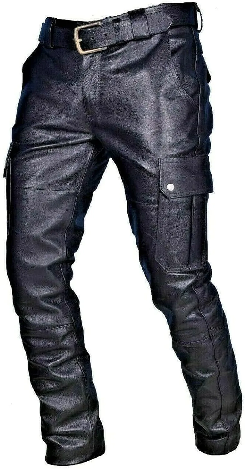 Men's Steampunk Stretchy Faux Leather Pants Slim Fit Motorcycle Biker Goth Pants Fashion Punk Retro Hip Hop Trousers Clubwear