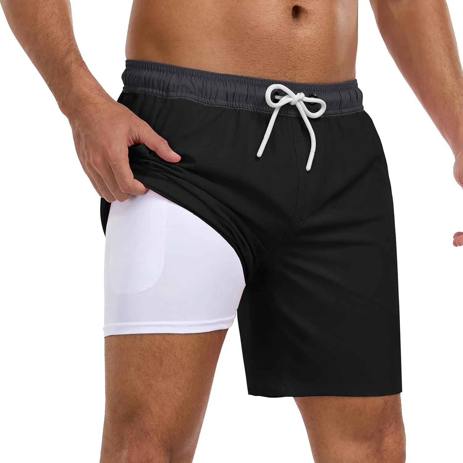 Mens Swim Trunks with Compression Liner 7 Inch Swim Shorts 2 in 1 Quick Dry Board Shorts Beach Wear