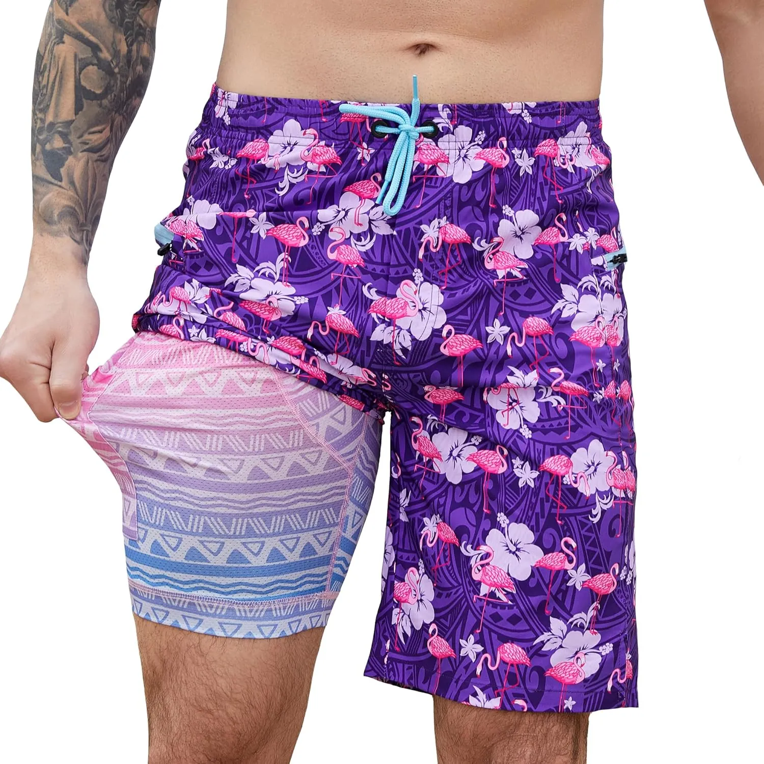 Men's Swim Trunks with Compression Liner Swim Shorts Board Shorts 9 Inch Quick Dry Bathing Suit with Zipper Pockets
