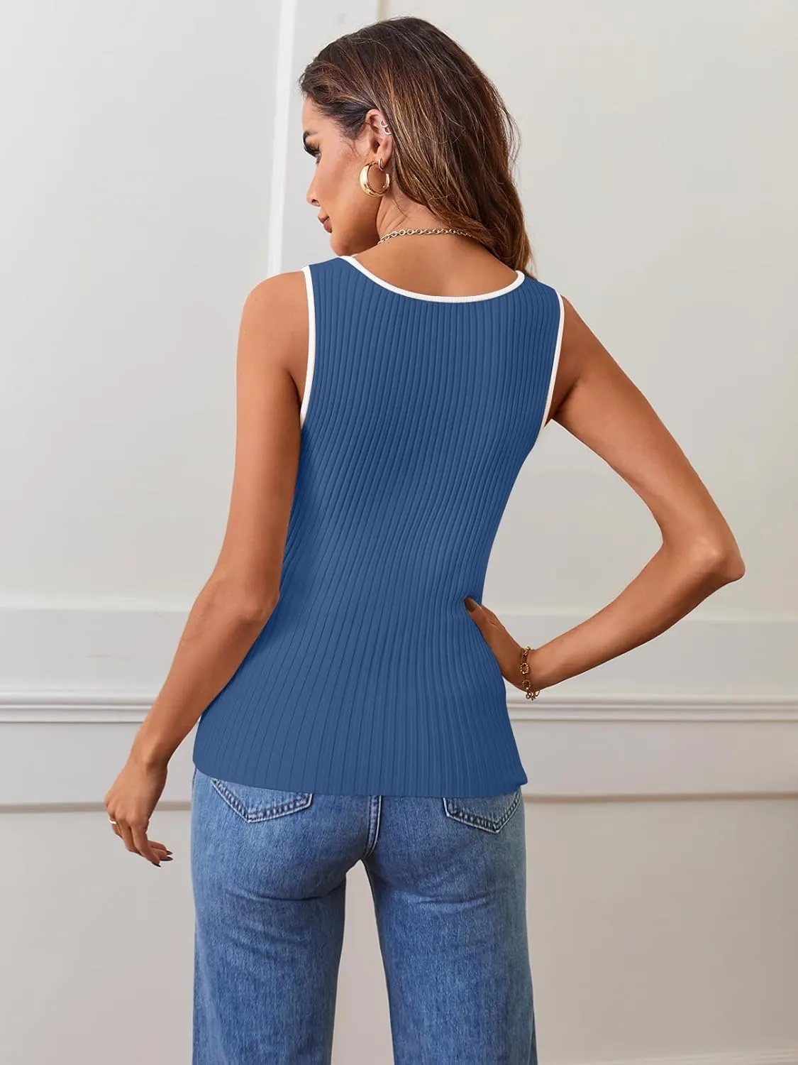 MEROKEETY Women's 2025 Sleeveless Ribbed Tank Tops Summer Square Neck Slim Fitted Color Block Basic Knit Tee Shirts