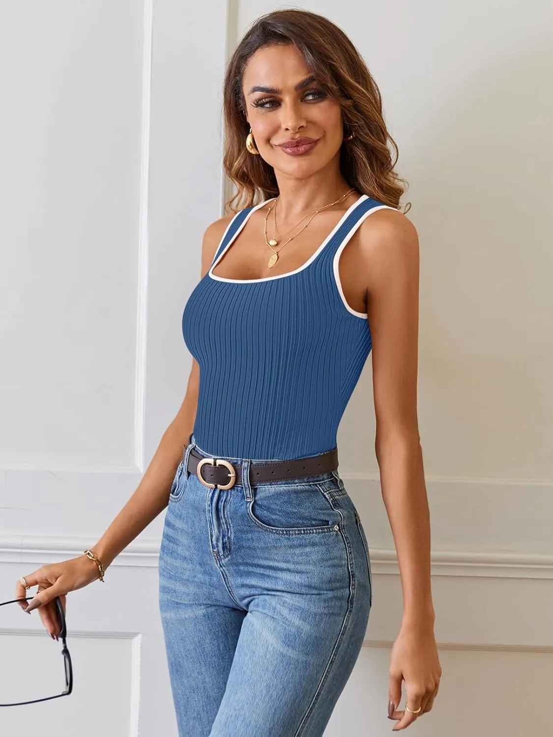 MEROKEETY Women's 2025 Sleeveless Ribbed Tank Tops Summer Square Neck Slim Fitted Color Block Basic Knit Tee Shirts