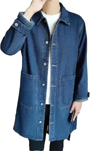 Mid-Length Denim Windbreaker Jacket Men Spring Autumn Casual Trench Coat Fashion Solid Wild Loose Outerwear