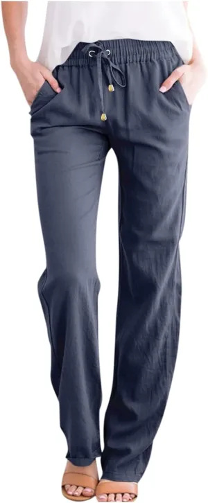midelxp Baggy Linen Pants Women Summer Boho Lightweight High Waist Palazzo Pants Loose Comfy Straight Leg Pants with Pockets