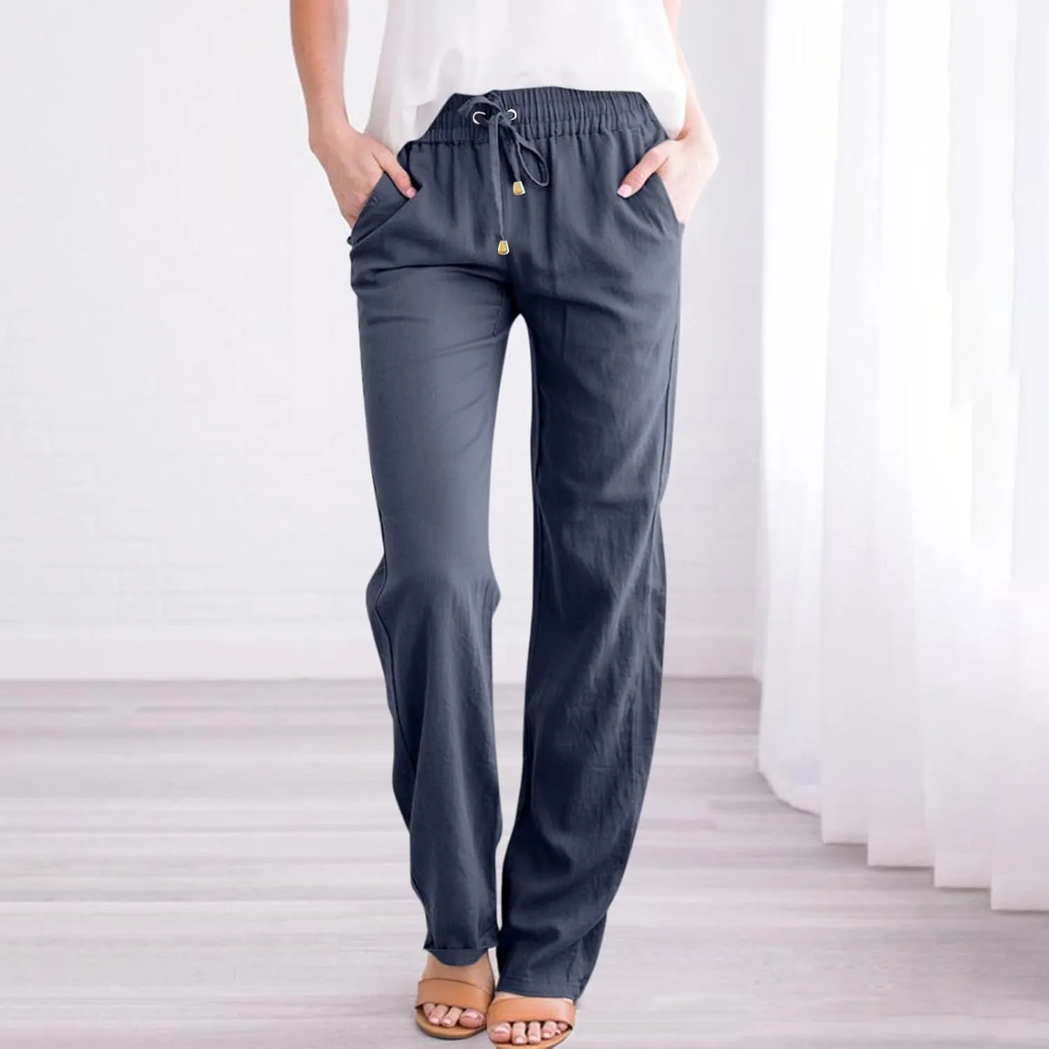 midelxp Baggy Linen Pants Women Summer Boho Lightweight High Waist Palazzo Pants Loose Comfy Straight Leg Pants with Pockets