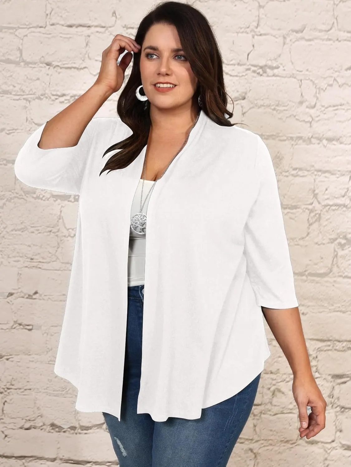 Milumia Women's Plus Size Casual Drape Open Front Cardigans Basic 3/4 Sleeve Coat