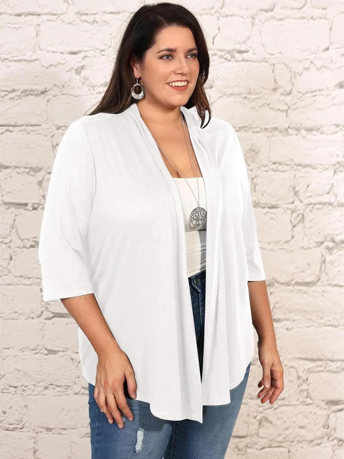 Milumia Women's Plus Size Casual Drape Open Front Cardigans Basic 3/4 Sleeve Coat