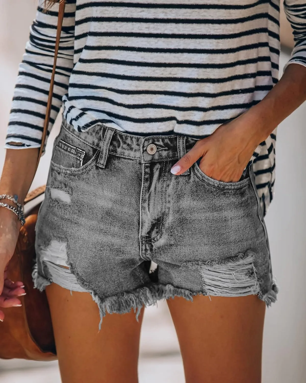 MINGALONDON Women's Denim Shorts Mid Waist Ripped Distressed