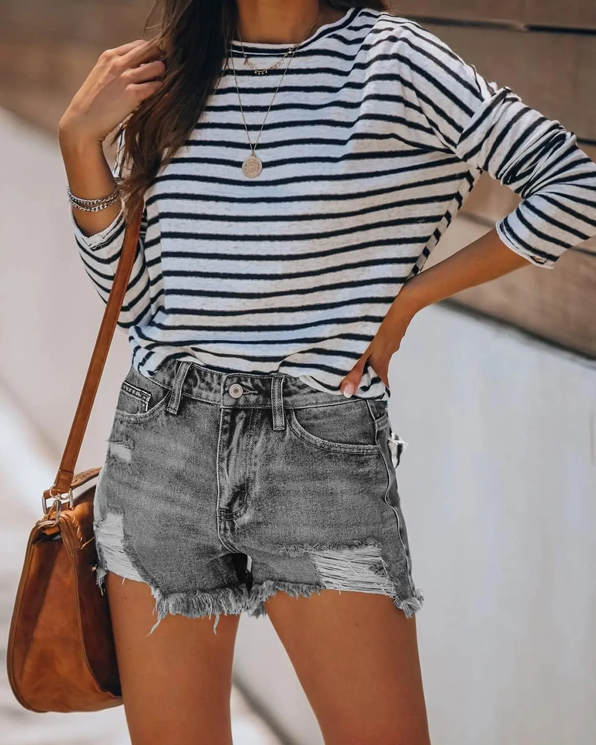 MINGALONDON Women's Denim Shorts Mid Waist Ripped Distressed