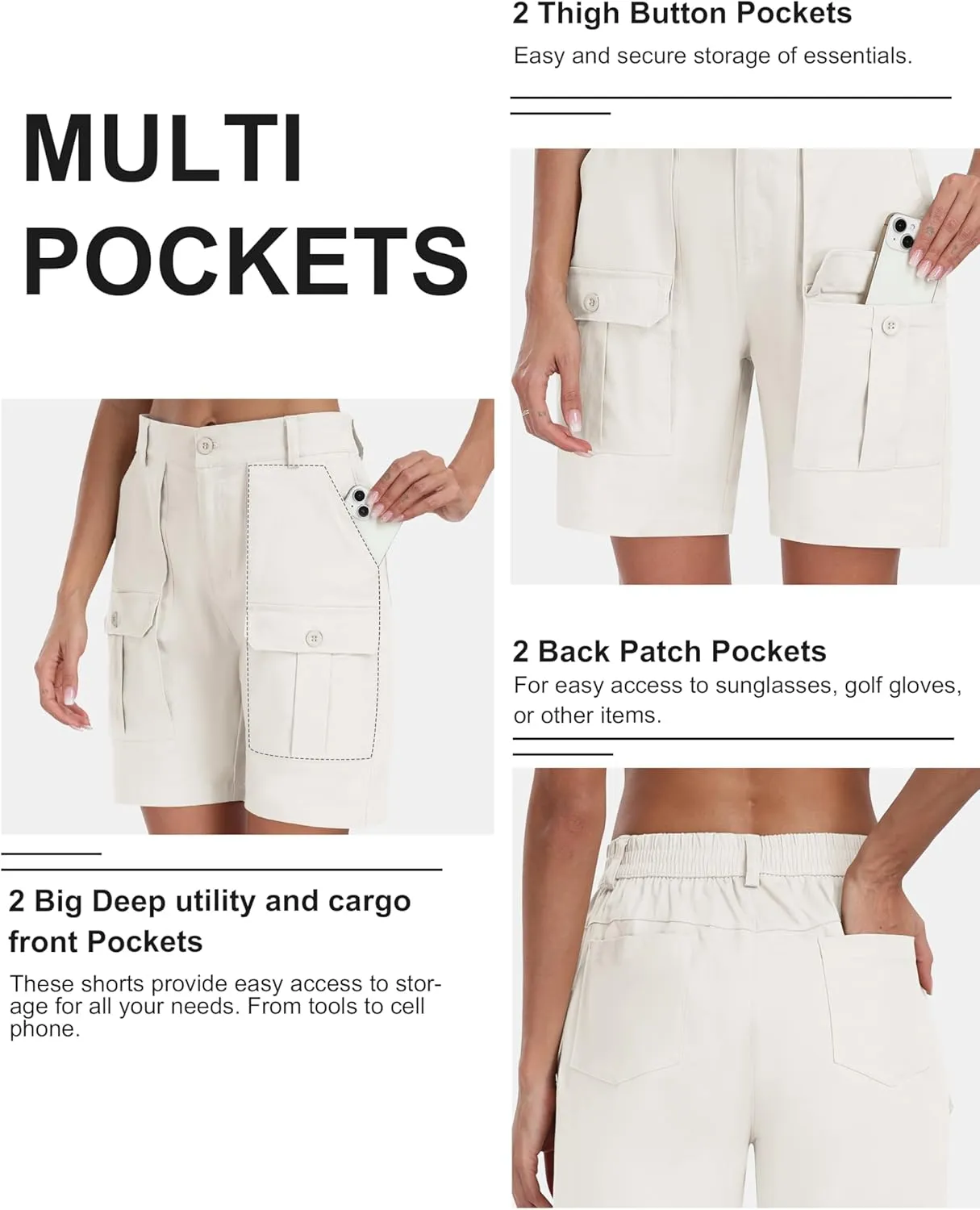 MoFiz Women's Cargo Bermuda Shorts Long Cotton Hiking Twill Chino Shorts Elastic Waist for Summer Casual Golf Travel Outdoor