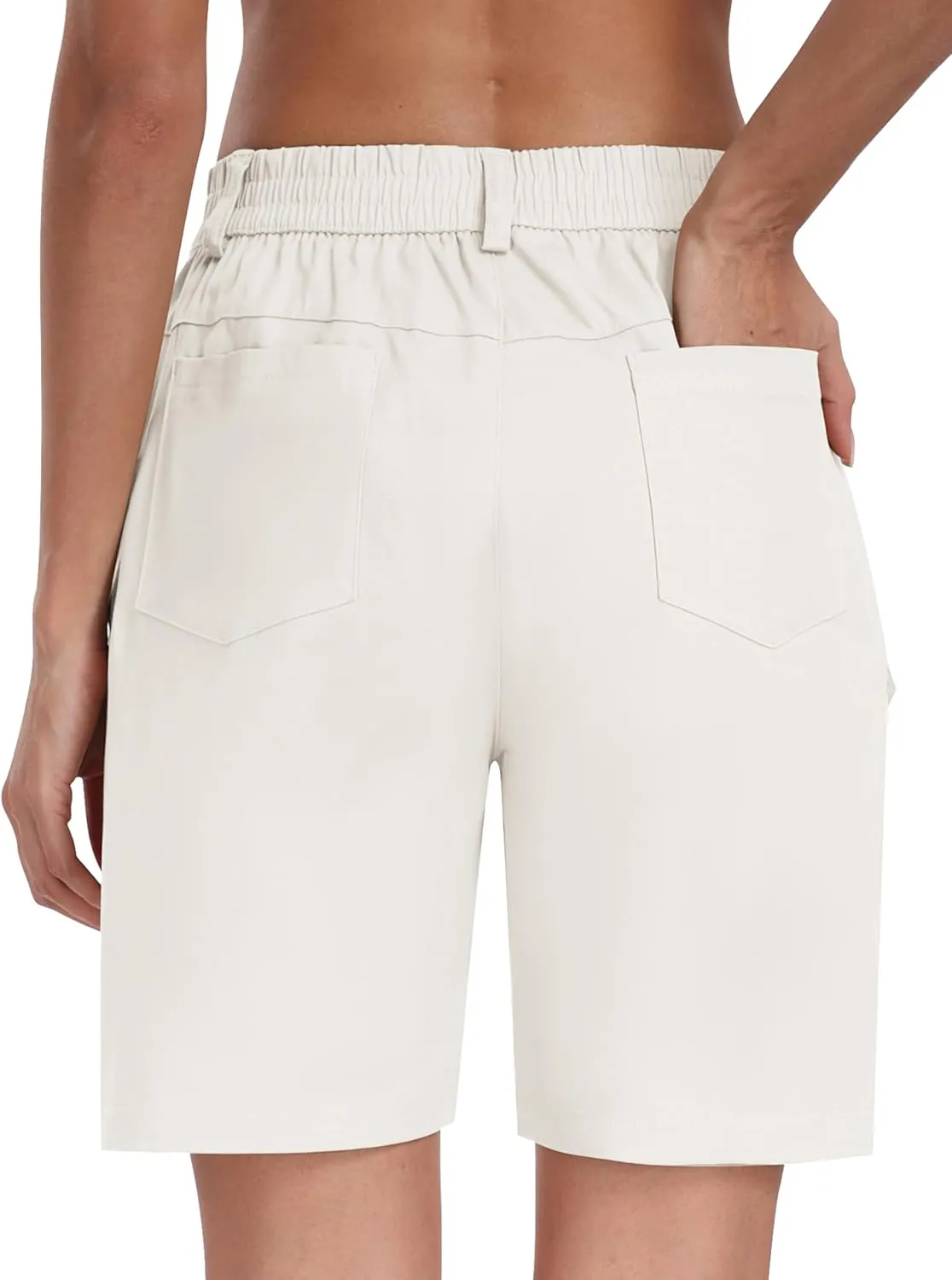 MoFiz Women's Cargo Bermuda Shorts Long Cotton Hiking Twill Chino Shorts Elastic Waist for Summer Casual Golf Travel Outdoor