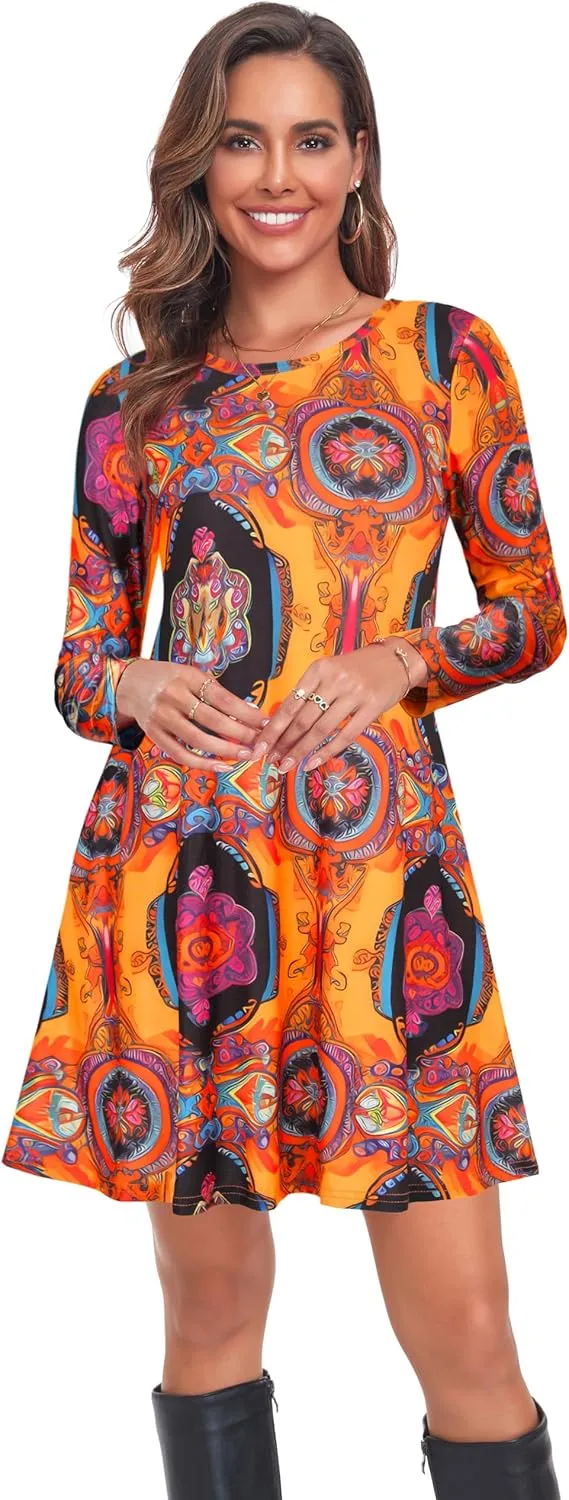 Moskill Long Sleeve Tshirt Dresses for Women with Pockets Casual Loose Swing Dress