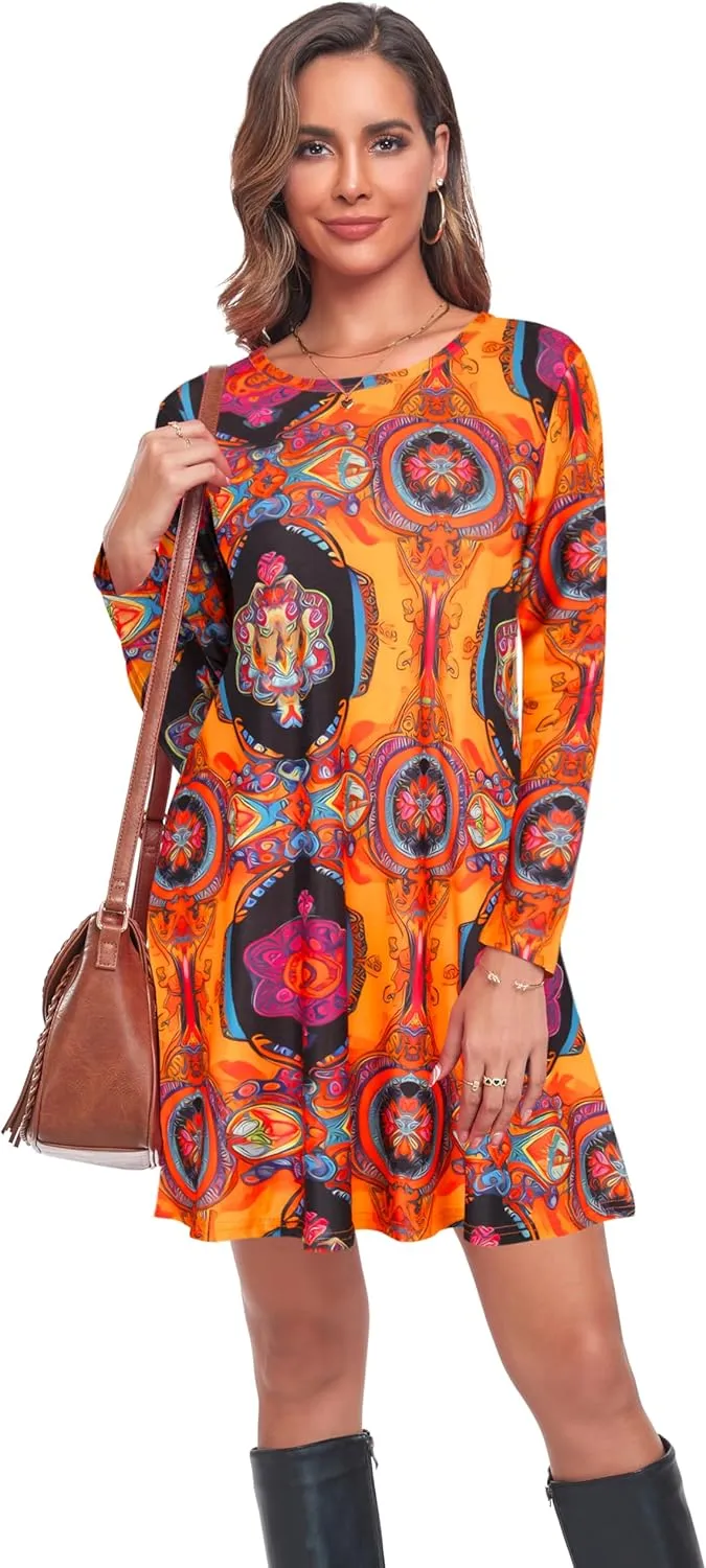 Moskill Long Sleeve Tshirt Dresses for Women with Pockets Casual Loose Swing Dress