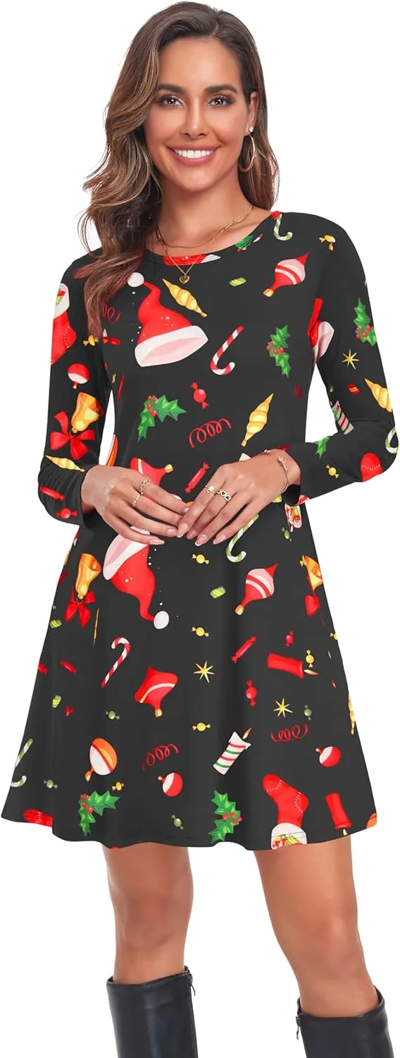 Moskill Long Sleeve Tshirt Dresses for Women with Pockets Casual Loose Swing Dress