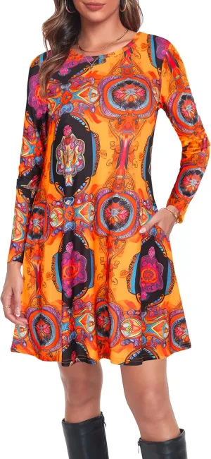 Moskill Long Sleeve Tshirt Dresses for Women with Pockets Casual Loose Swing Dress