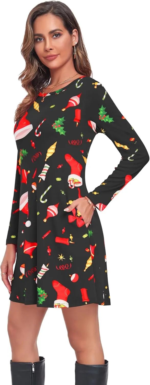Moskill Long Sleeve Tshirt Dresses for Women with Pockets Casual Loose Swing Dress