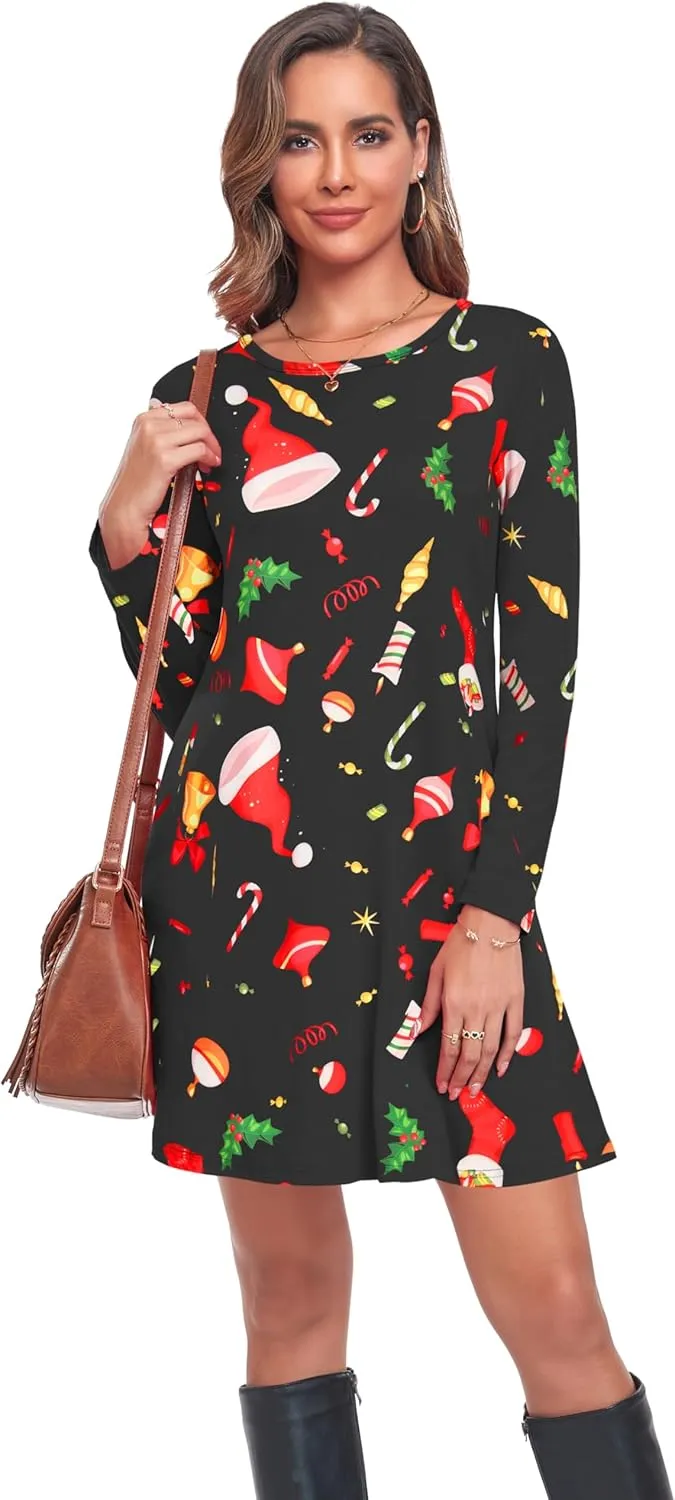 Moskill Long Sleeve Tshirt Dresses for Women with Pockets Casual Loose Swing Dress