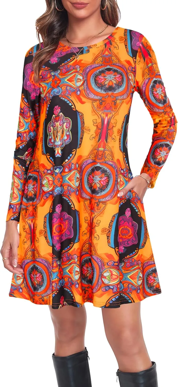 Moskill Long Sleeve Tshirt Dresses for Women with Pockets Casual Loose Swing Dress