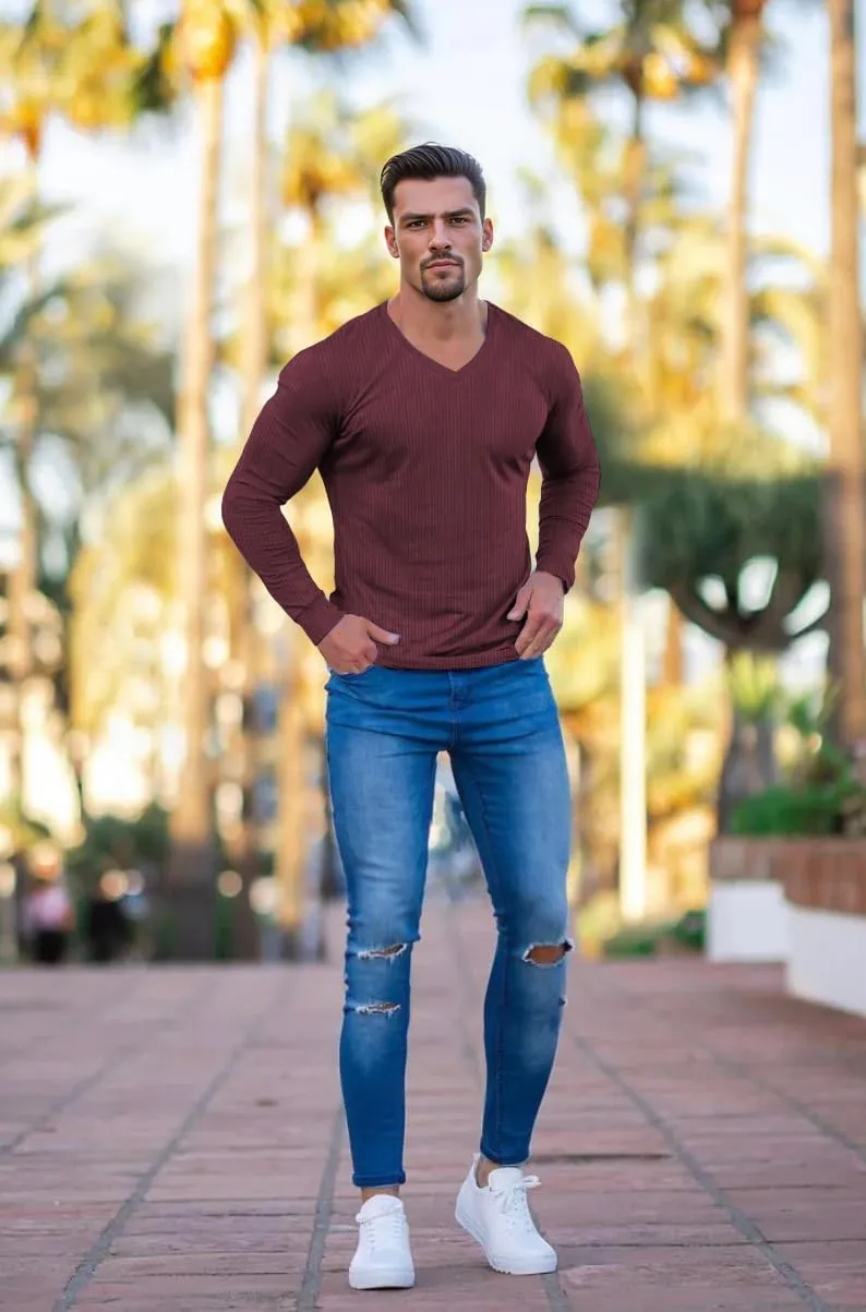 Muscle Cmdr Slim Fit V Neck Long Sleeve Muscle Thermal T Shirt Casual Ribbed Pullover Tee Lightweight Sweater Undershirts