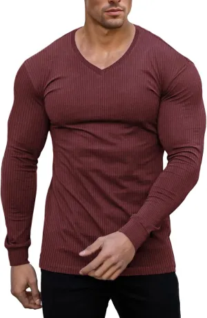 Muscle Cmdr Slim Fit V Neck Long Sleeve Muscle Thermal T Shirt Casual Ribbed Pullover Tee Lightweight Sweater Undershirts