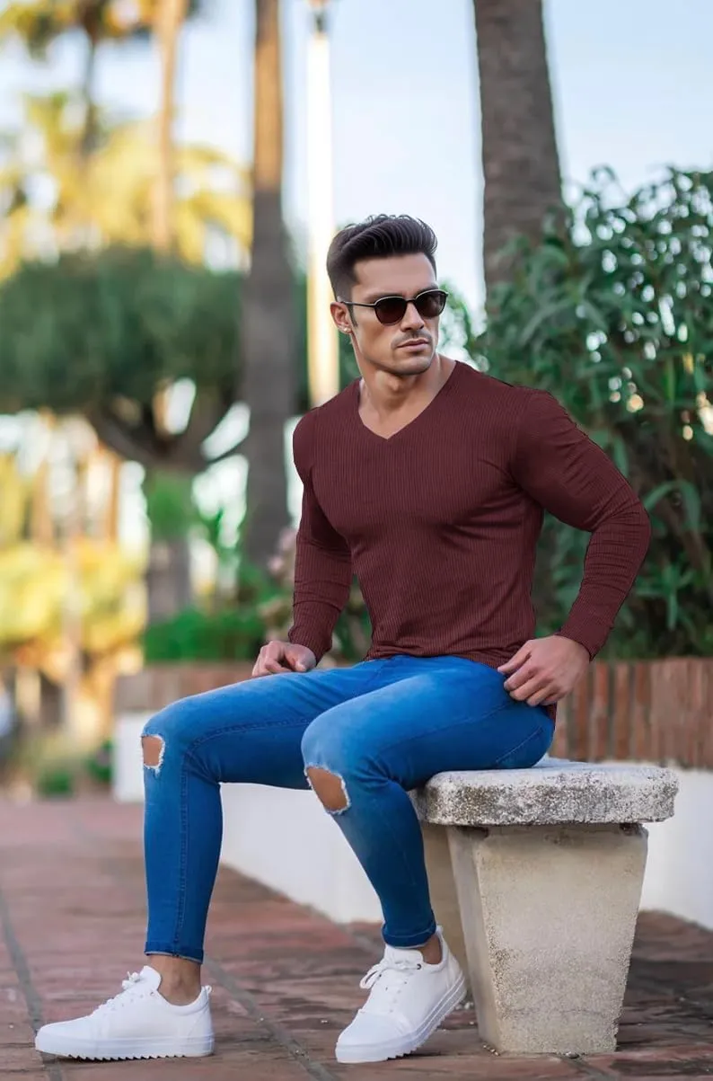 Muscle Cmdr Slim Fit V Neck Long Sleeve Muscle Thermal T Shirt Casual Ribbed Pullover Tee Lightweight Sweater Undershirts