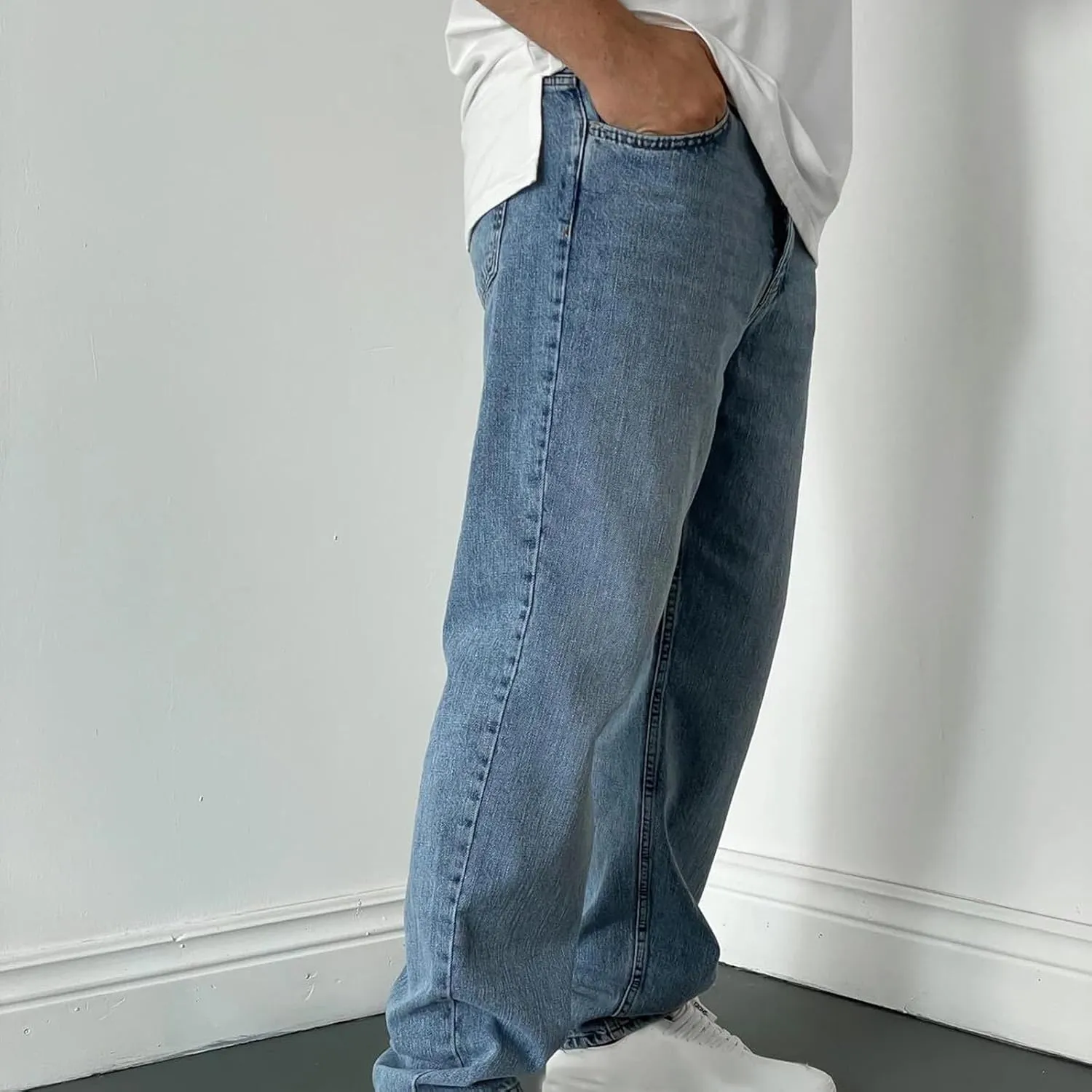 Muscularfit Cotton Pants for Men Fashion Buckle Zipper Flat Front Solid Jean Pants Casual Loose Straight Ripped Hole Trousers