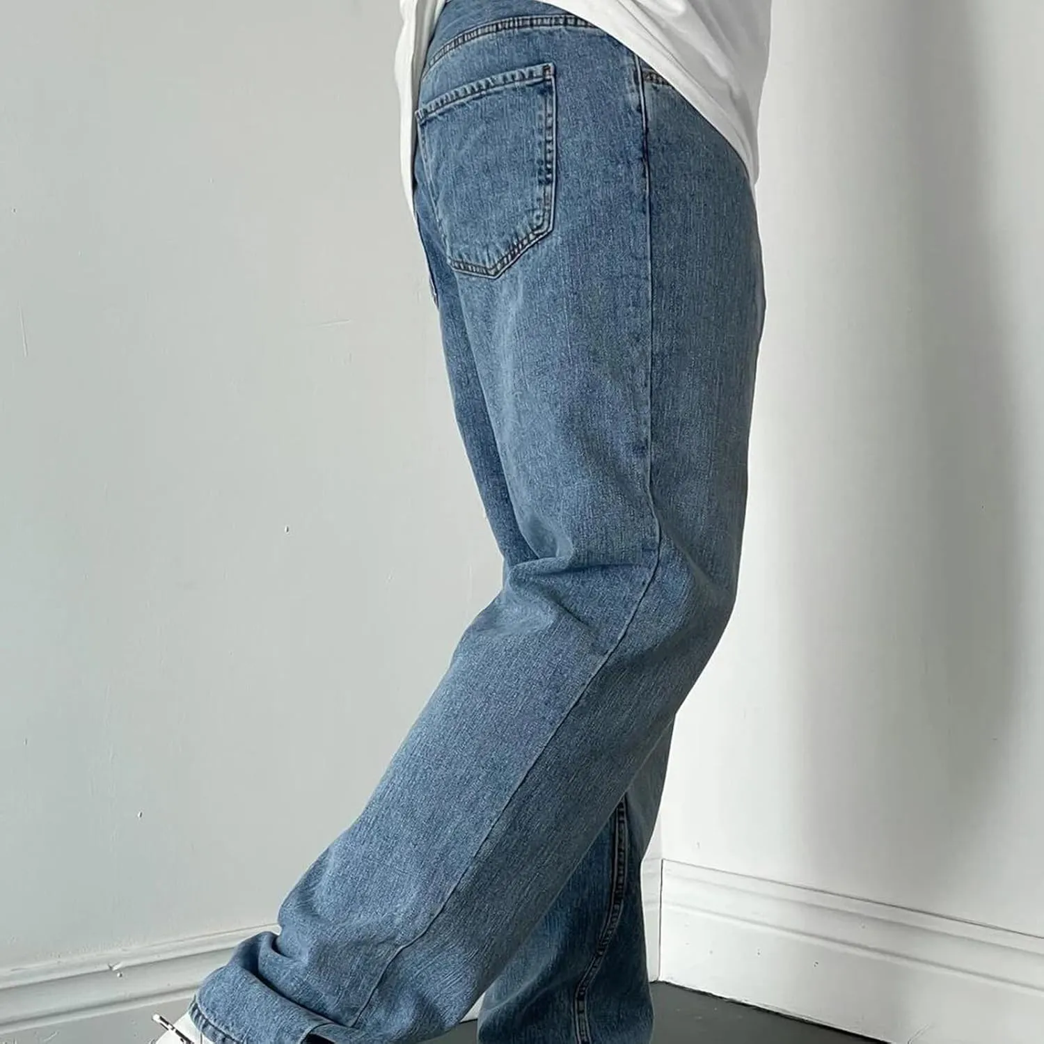 Muscularfit Cotton Pants for Men Fashion Buckle Zipper Flat Front Solid Jean Pants Casual Loose Straight Ripped Hole Trousers