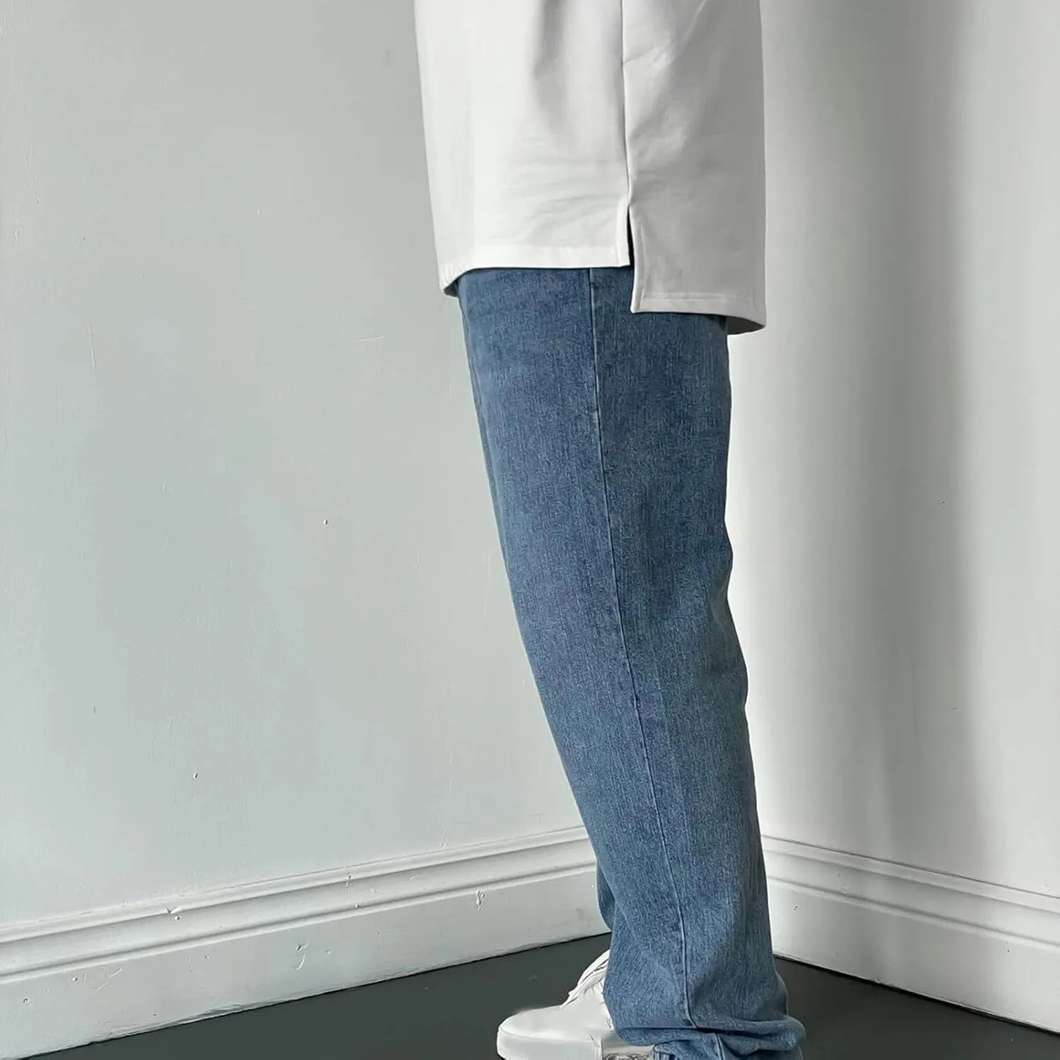 Muscularfit Cotton Pants for Men Fashion Buckle Zipper Flat Front Solid Jean Pants Casual Loose Straight Ripped Hole Trousers
