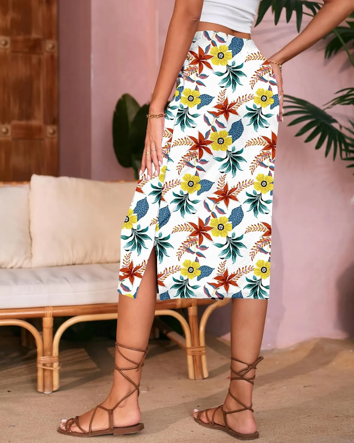 Naggoo Midi Skirts for Women Summer Elastic High Waisted Side Slit Long Skirt