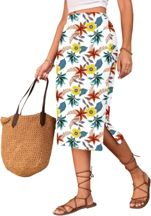 Naggoo Midi Skirts for Women Summer Elastic High Waisted Side Slit Long Skirt