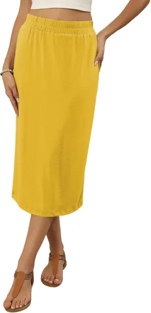Naggoo Womens Midi Skirts Summer Elastic High Waisted Back Slit Long Straight Skirt Below Knee