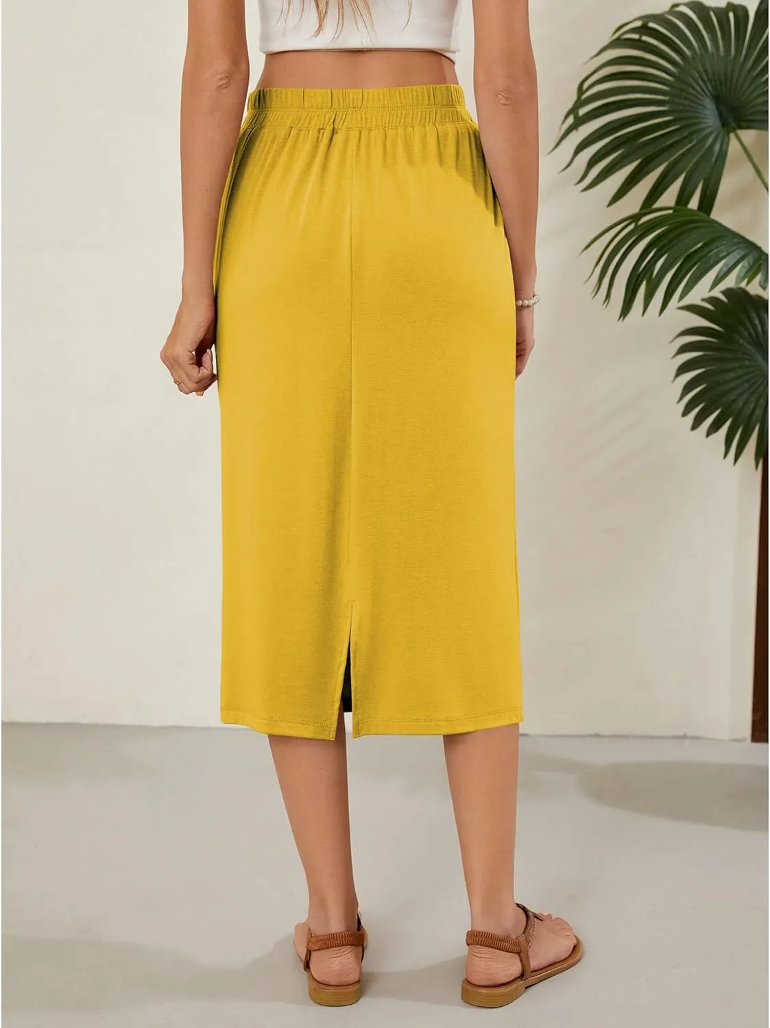 Naggoo Womens Midi Skirts Summer Elastic High Waisted Back Slit Long Straight Skirt Below Knee