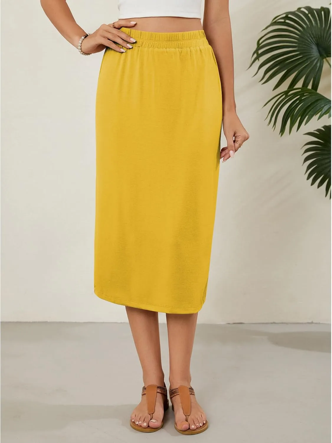 Naggoo Womens Midi Skirts Summer Elastic High Waisted Back Slit Long Straight Skirt Below Knee