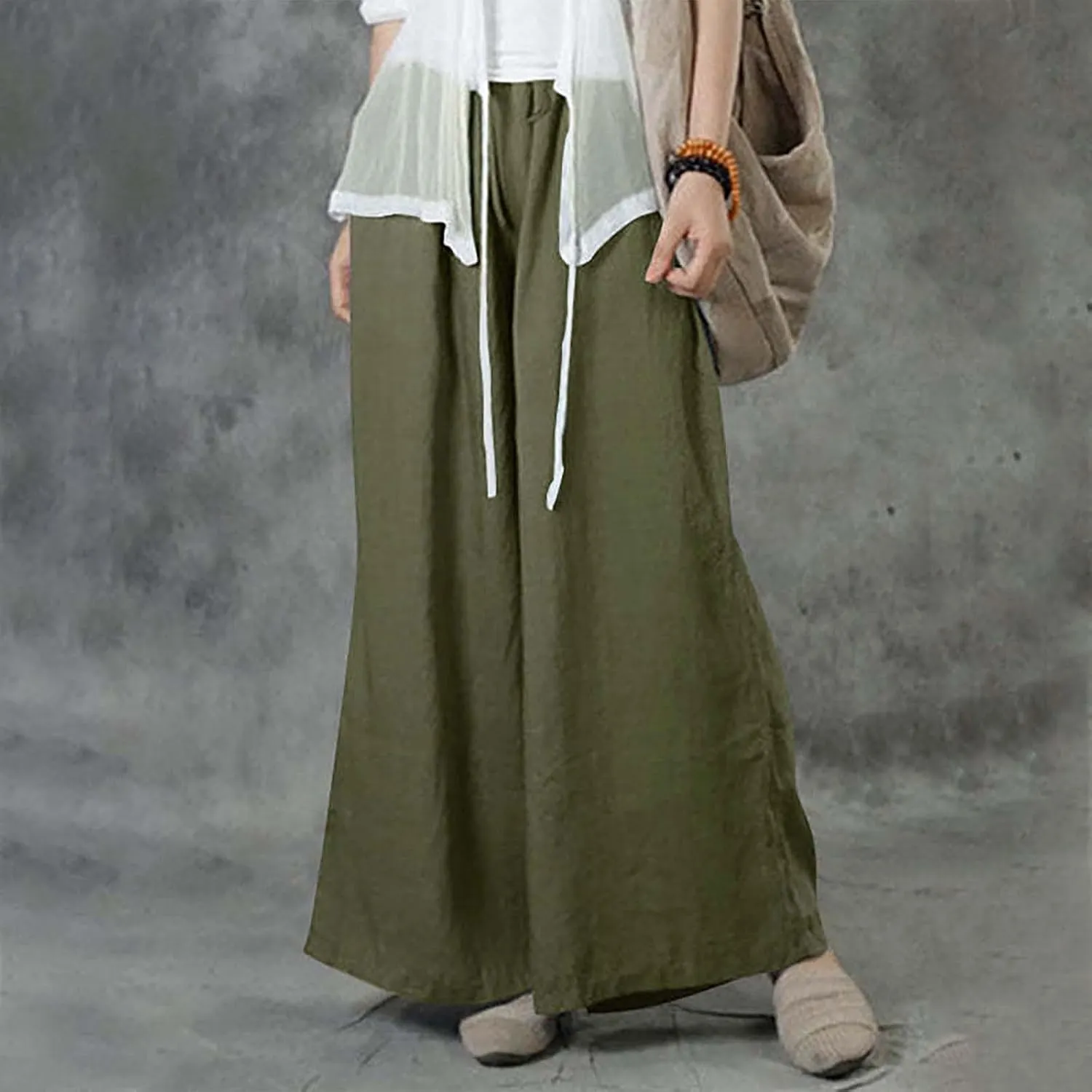 NATHGAM Wide Leg Trousers for Women Loose Fit Cotton Linen Elastic Waist Pants Summer Flowy Long Palazzo Pants with Pockets