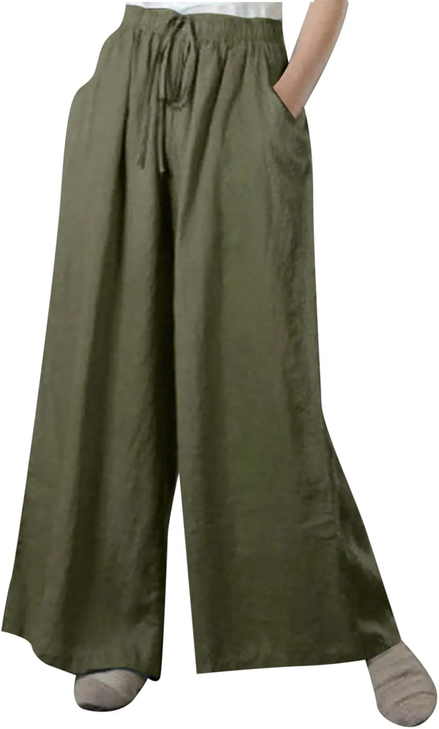 NATHGAM Wide Leg Trousers for Women Loose Fit Cotton Linen Elastic Waist Pants Summer Flowy Long Palazzo Pants with Pockets