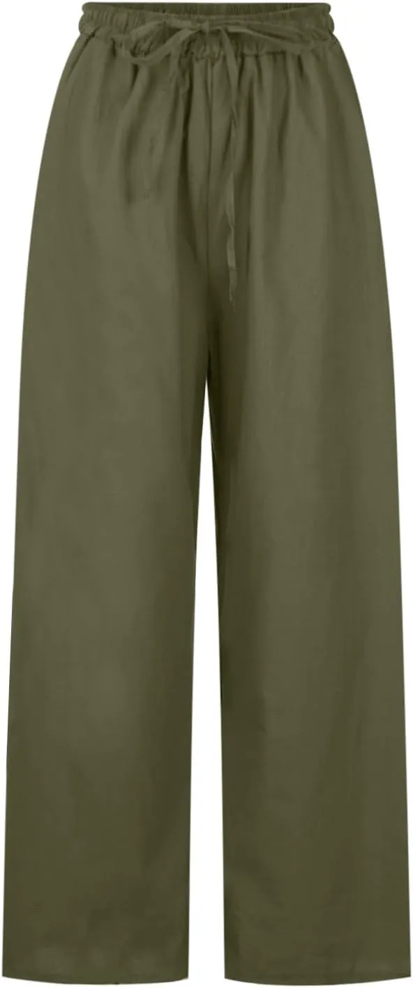 NATHGAM Wide Leg Trousers for Women Loose Fit Cotton Linen Elastic Waist Pants Summer Flowy Long Palazzo Pants with Pockets