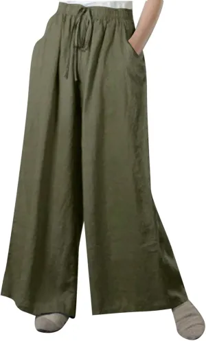 NATHGAM Wide Leg Trousers for Women Loose Fit Cotton Linen Elastic Waist Pants Summer Flowy Long Palazzo Pants with Pockets