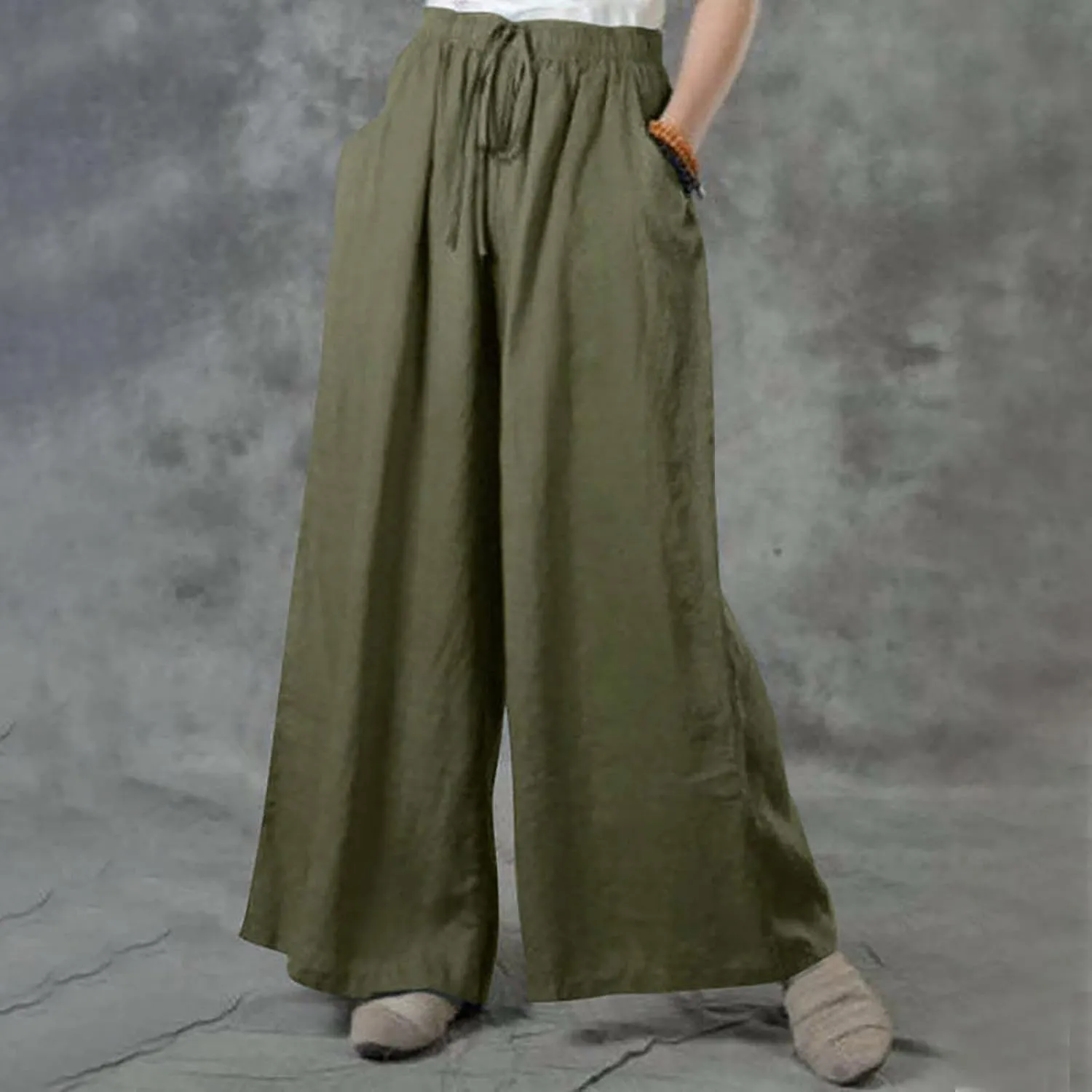 NATHGAM Wide Leg Trousers for Women Loose Fit Cotton Linen Elastic Waist Pants Summer Flowy Long Palazzo Pants with Pockets