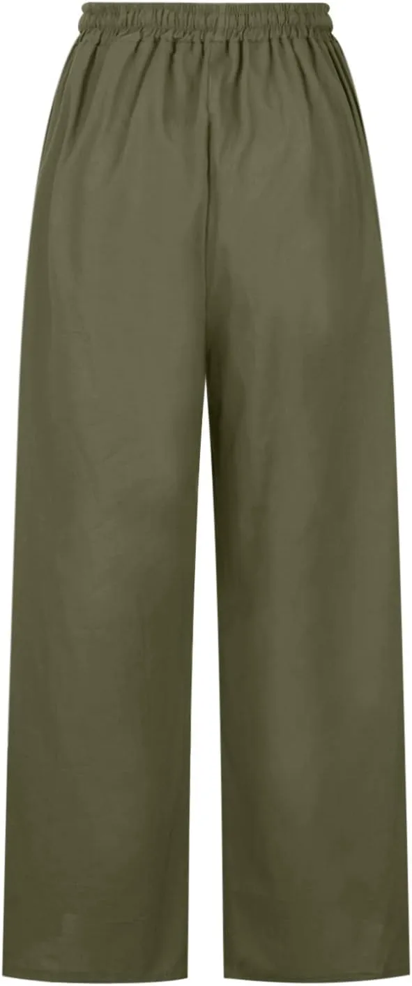 NATHGAM Wide Leg Trousers for Women Loose Fit Cotton Linen Elastic Waist Pants Summer Flowy Long Palazzo Pants with Pockets