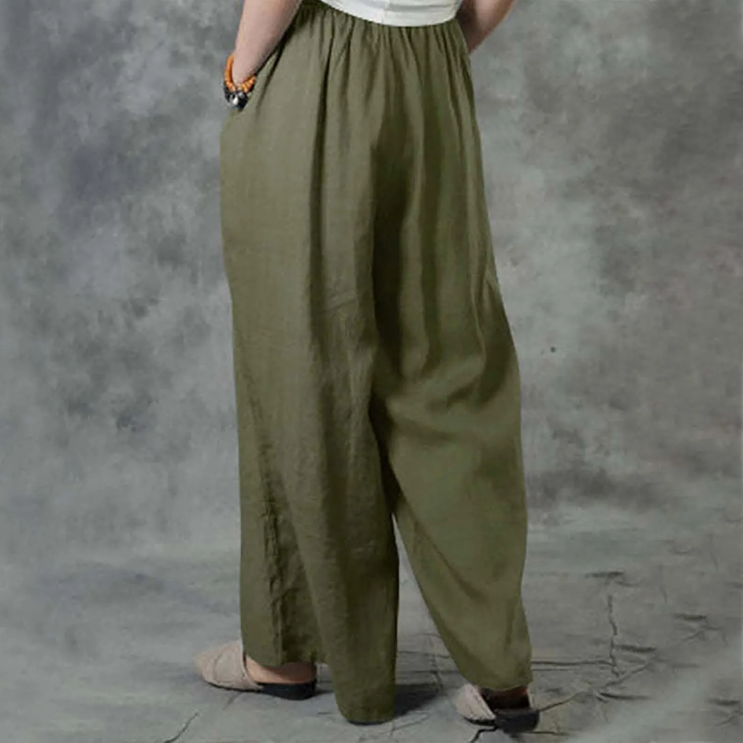 NATHGAM Wide Leg Trousers for Women Loose Fit Cotton Linen Elastic Waist Pants Summer Flowy Long Palazzo Pants with Pockets
