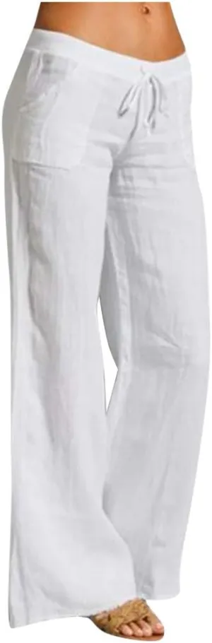 NATHGAM Women Cotton Linen Pants Summer Casual Lightweight Palazzo Trousers Trendy Wide Leg Flowy Loose Fit Drawstring Pants