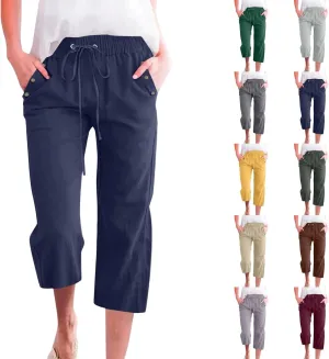 NBXNZWF Capri Pants for Women Cotton Linen 2025 Summer Casual Straight Wide Leg Cropped Pants Elastic High Waist Trousers