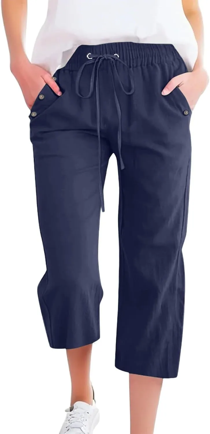 NBXNZWF Capri Pants for Women Cotton Linen 2025 Summer Casual Straight Wide Leg Cropped Pants Elastic High Waist Trousers