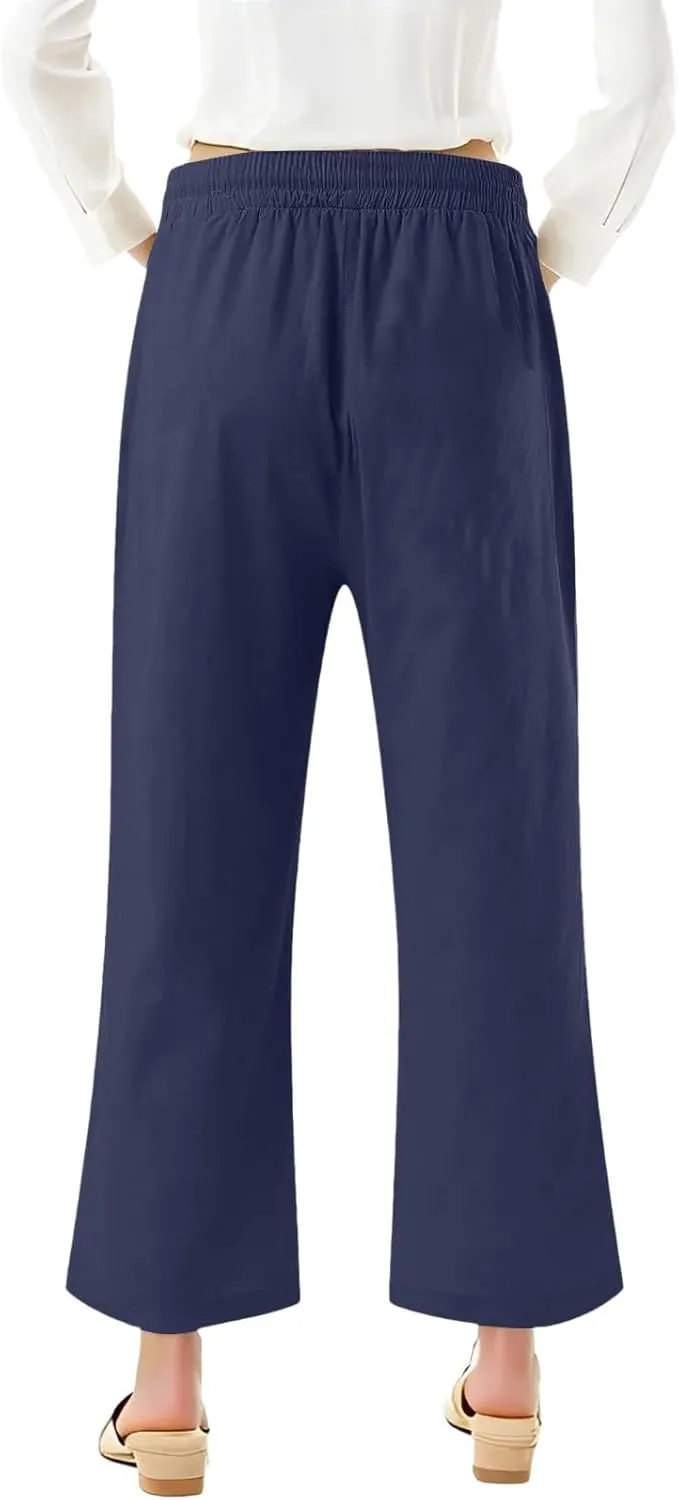 NBXNZWF Capri Pants for Women Cotton Linen 2025 Summer Casual Straight Wide Leg Cropped Pants Elastic High Waist Trousers