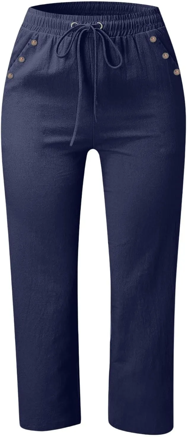 NBXNZWF Capri Pants for Women Cotton Linen 2025 Summer Casual Straight Wide Leg Cropped Pants Elastic High Waist Trousers